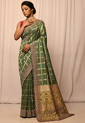 Woven Art Silk Saree in Olive Green