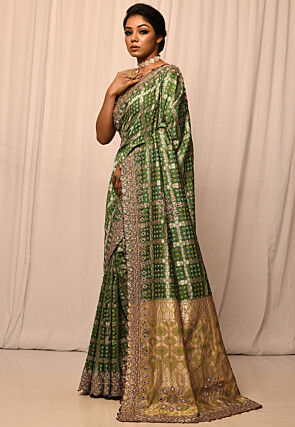 Woven Art Silk Saree in Olive Green