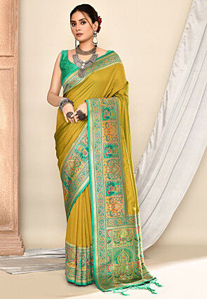 Woven Art Silk Saree in Olive Green