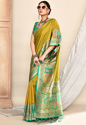 Woven Art Silk Saree in Olive Green