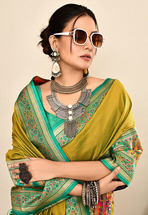 Woven Art Silk Saree in Olive Green
