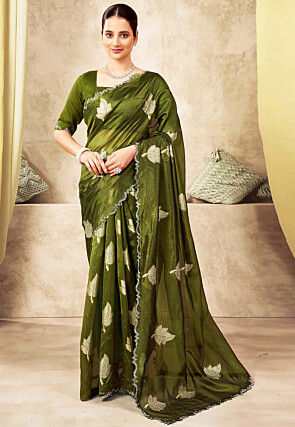 Woven Art Silk Saree in Olive Green