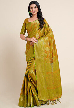 Woven Bangalore Silk Saree in Olive Green