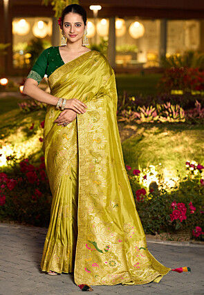 Woven Art Silk Saree in Olive Green