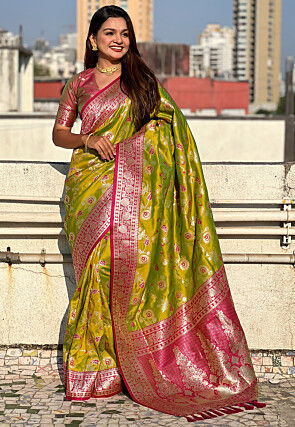Woven Art Silk Saree in Olive Green