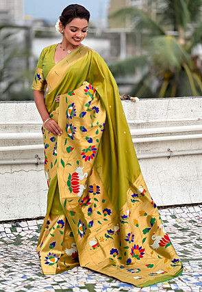 Woven Art Silk Saree in Olive Green