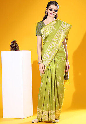 Woven Art Silk Saree in Olive Green