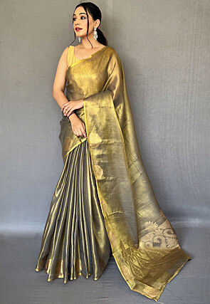 Woven Art Silk Saree in Olive Green