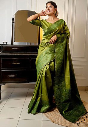 Woven Art Silk Saree in Olive Green