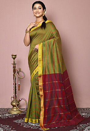 Woven Art Silk Saree in Olive Green
