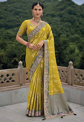 Woven Art Silk Saree in Olive Green