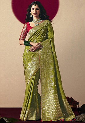 Woven Art Silk Saree in Olive Green