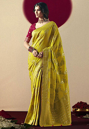 Woven Art Silk Saree in Olive Green