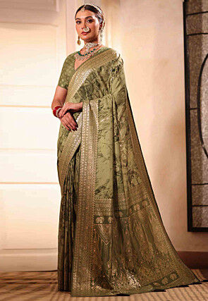 Woven Art Silk Saree in Olive Green