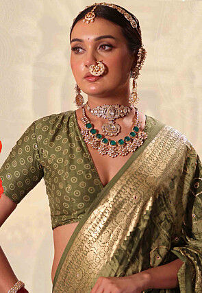 Woven Art Silk Saree in Olive Green