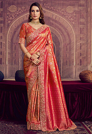 Woven Art Silk Scalloped Saree in Orange