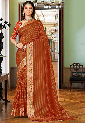 Orange embroidered georgette saree with blouse - Lilots - 3642112