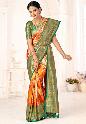 Buy Orange Zari Weaving Kanjivaram Wedding Saree From Ethnic Plus