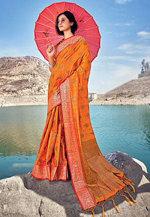 Woven Art Silk Saree in Orange