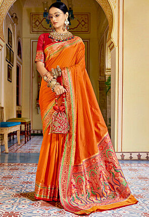 Woven Art Silk Saree in Orange