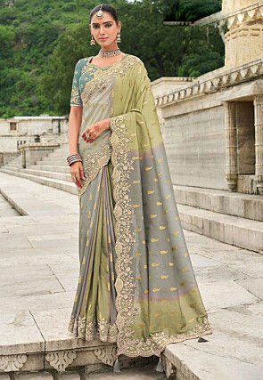 Woven Art Silk Saree in Pastel Green and Grey
