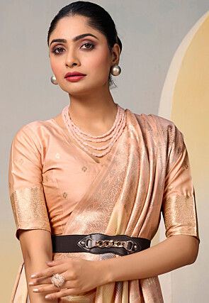 Woven Art Silk Saree in Peach and Multicolor