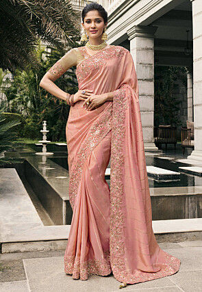 Woven Art Silk Saree in Peach Pink
