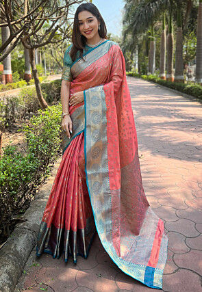 Woven Art Silk Saree in Peach