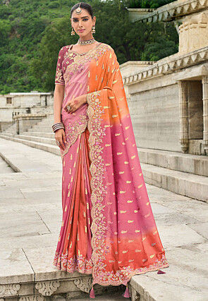Woven Art Silk Saree in Pink and Orange