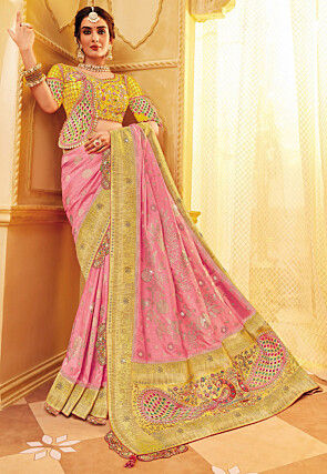 Woven Art Silk Saree in Pink and Yellow