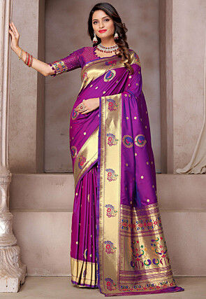 Utsav wear saree shop, Plum purple silk sarees, round neck