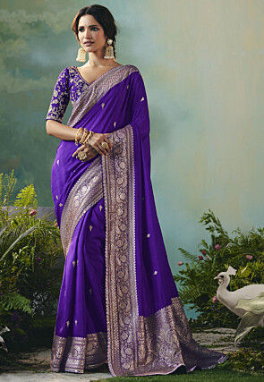 Woven Art Silk Scalloped Saree in Purple