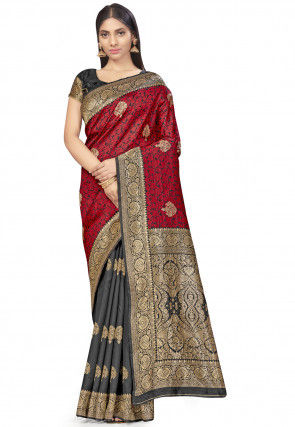 Woven Art Silk Saree in Red and Black