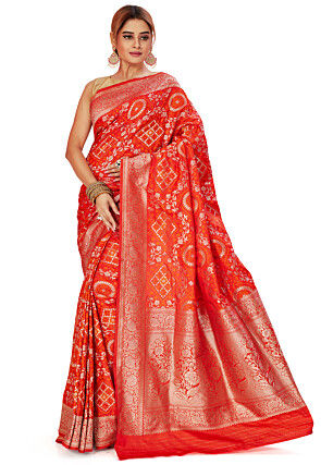 Woven Art Silk Saree in Red and Orange