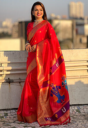 Woven Art Silk Saree in Red