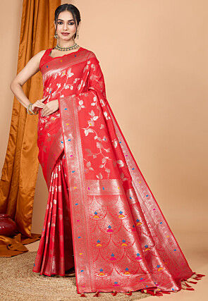 Woven Art Silk Saree in Red