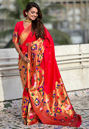 Woven Art Silk Saree in Red