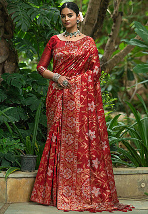 Woven Art Silk Saree in Red