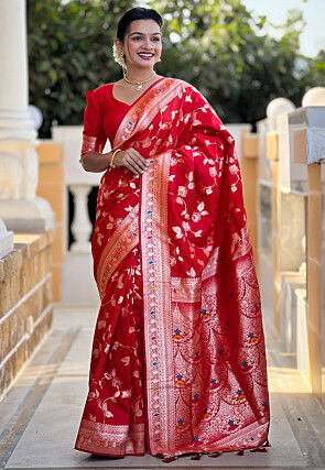 Woven Art Silk Saree in Red