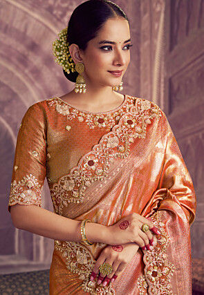 Woven Art Silk Scalloped Saree in Rust