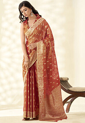 Woven Art Silk Saree in Rust