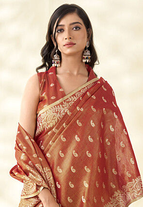 Woven Art Silk Saree in Rust