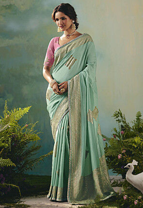 Woven Art Silk Scalloped Saree in Sea Green