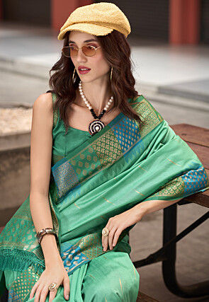 Woven Art Silk Saree in Sea Green
