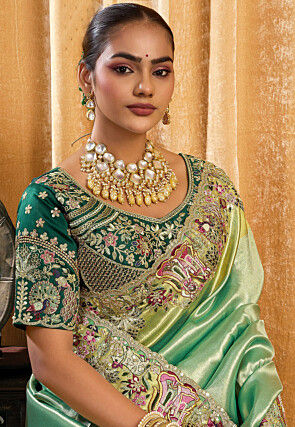 Woven Art Silk Scalloped Saree in Sea Green