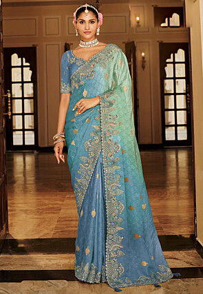 Woven Art Silk Scalloped Saree in Shaded Blue