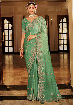 Woven Art Silk Scalloped Saree in Shaded Green