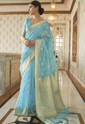 LIGHT SKY BLUE COLOUR SAREE WITH MAROON COMBINATION BORDER & HEAVY BRO –  zelxafashion