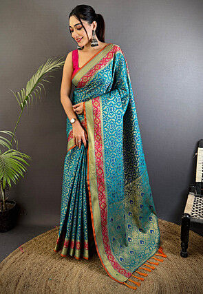 Woven Art Silk Saree in Teal Blue