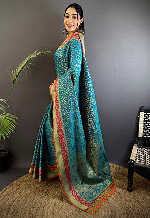 Woven Art Silk Saree in Teal Blue